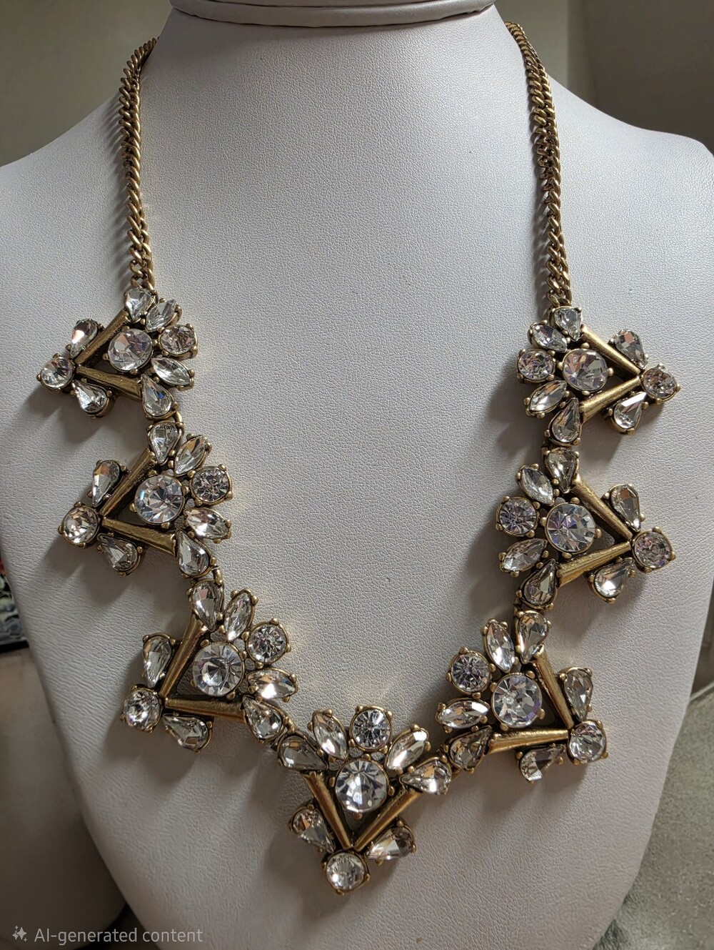 J Crew Brass Clear Crystal Triangle Cluster Statement Bib Necklace - Picture 7 of 8